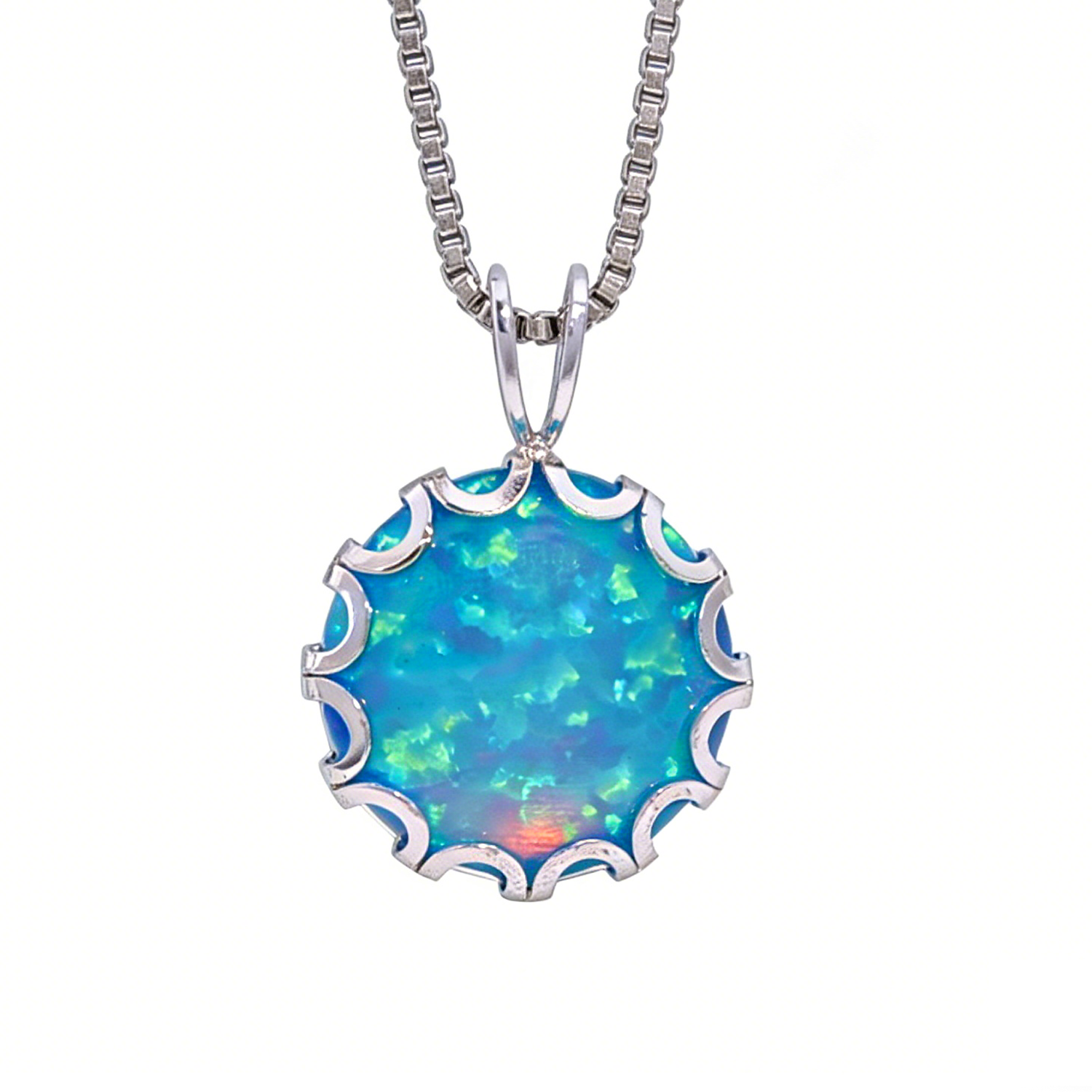 Wave Frame Opal Pendant Necklace,Round Blue Green Opal with Red Fire,White K Plated Floral Jewelry,Dainty Charms Gift for Women