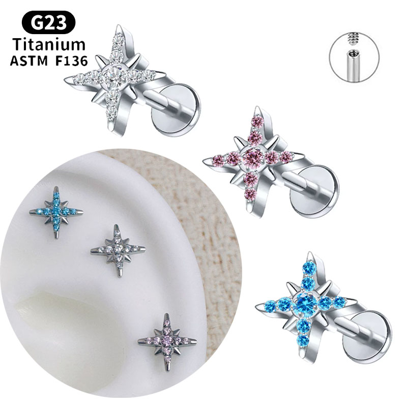 NORYAN ASTM F136 Titanium CZ Eight Point Star Cartilage Earring Piercing Helix Tragus Stud Flatback Labret Nose Stud Piercing