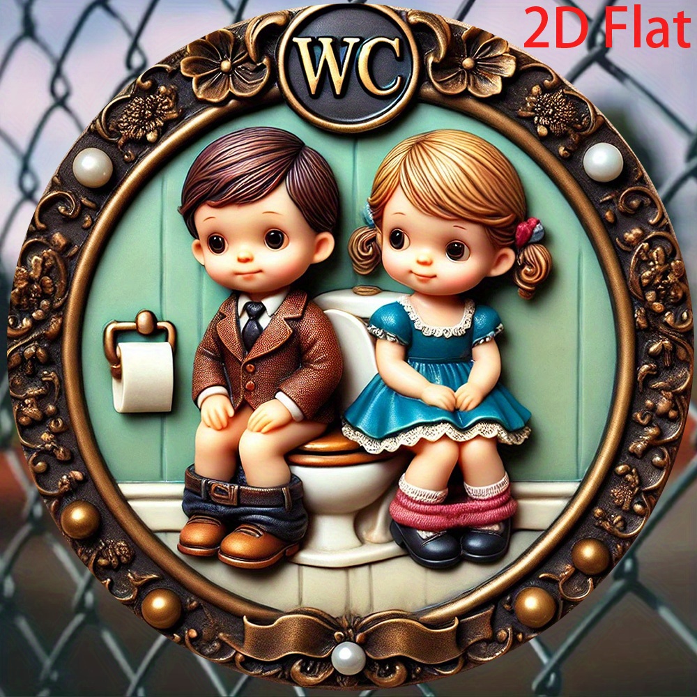 2D flat - "WC" toilet sign, cute boy and girl design, pre-drilled for easy hanging, bar wall decoration