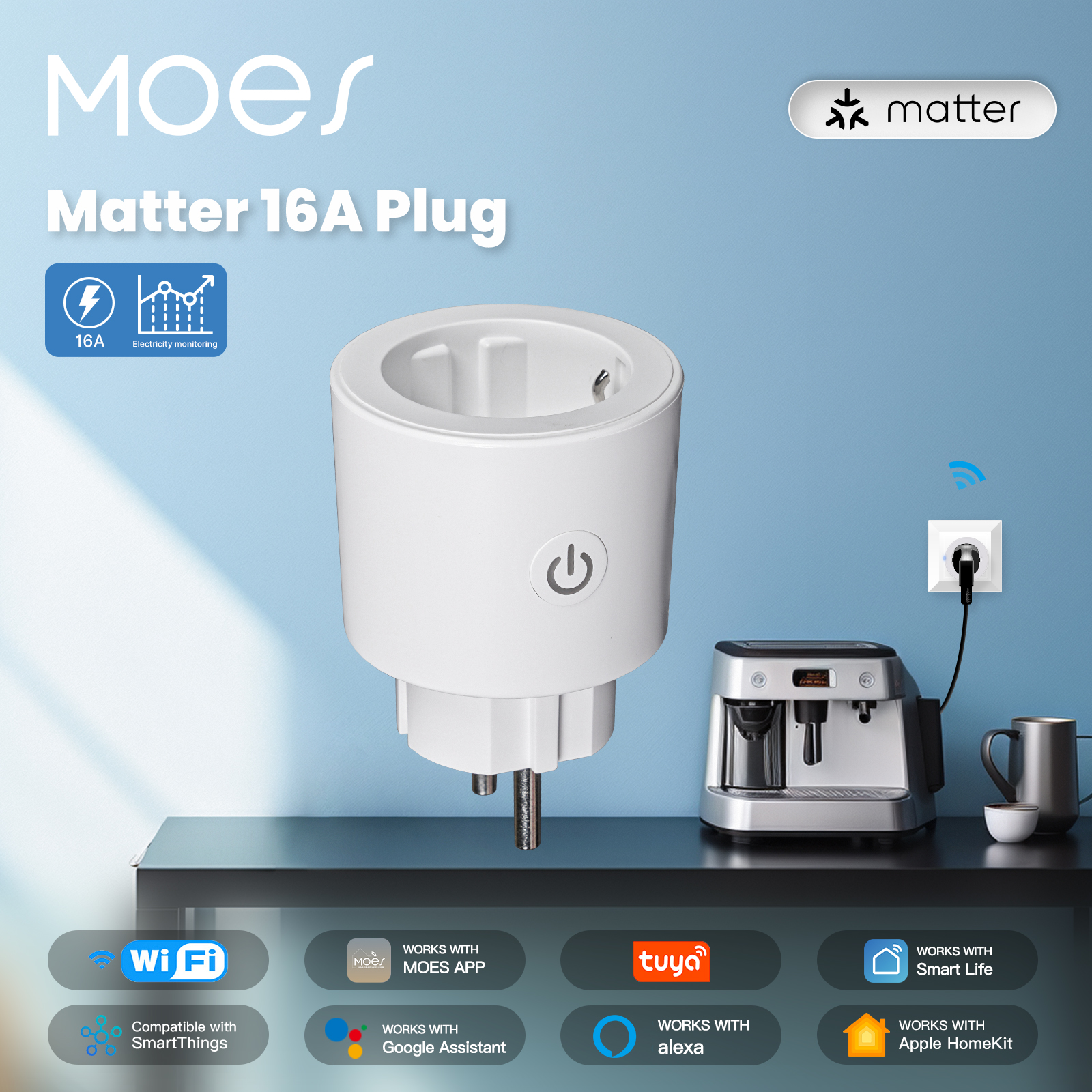 MOES Tuya Matter Smart Plug WiFi Socket 16A Outlet with Power Monitoring Remote Control Works with Home Alexa