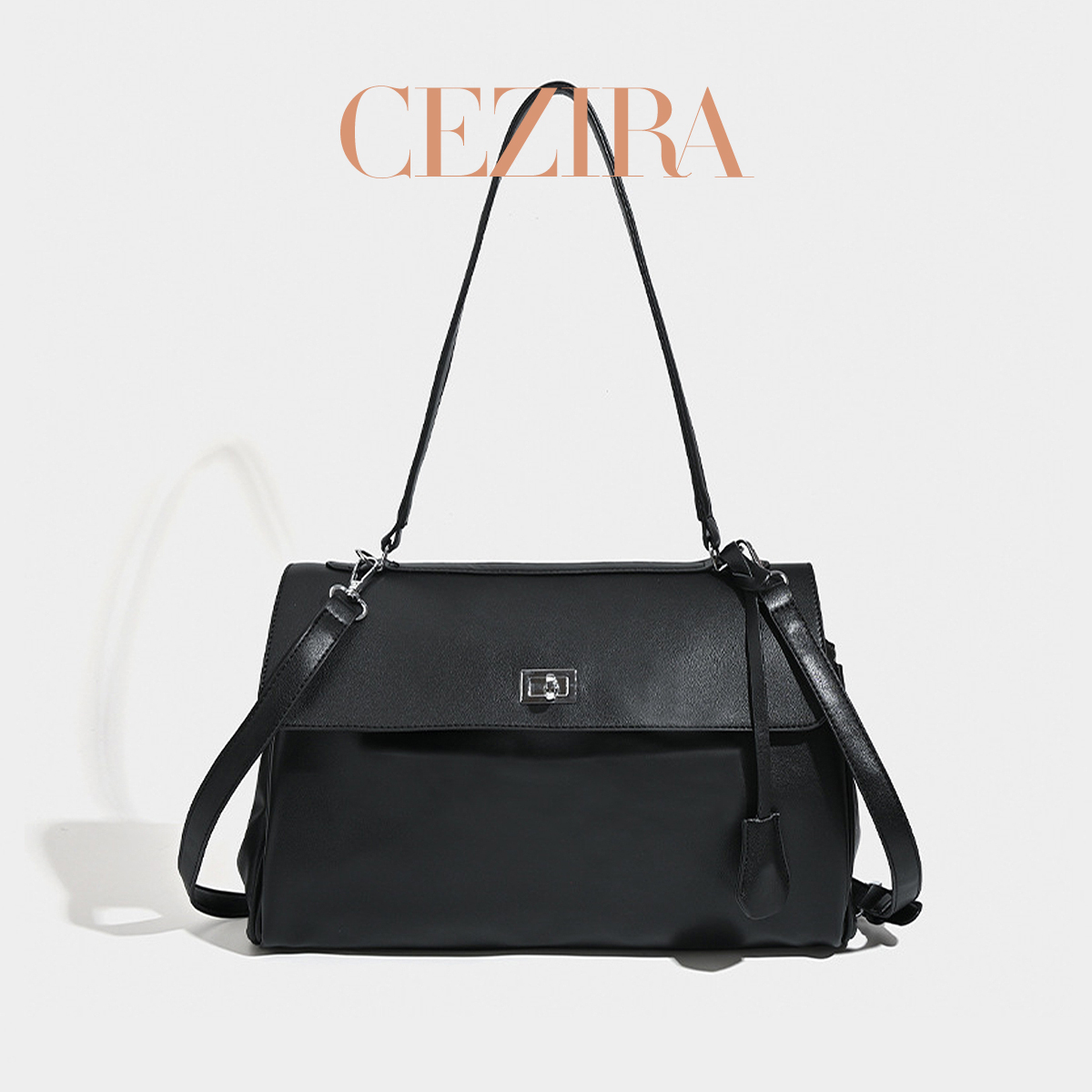 Business Elegant Women Shoulder Tote Office Bag Large Vegan Faux Leather Turn-lock Flap Cover Square Minimalist PU Messenger Bag