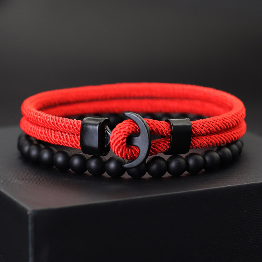 Novel 2Pcs Men Bracelet Set Black Anchor Braslet 6mm Onyx Stone Beaded Braclet For Him Outdoor Sports Cycling Accessories