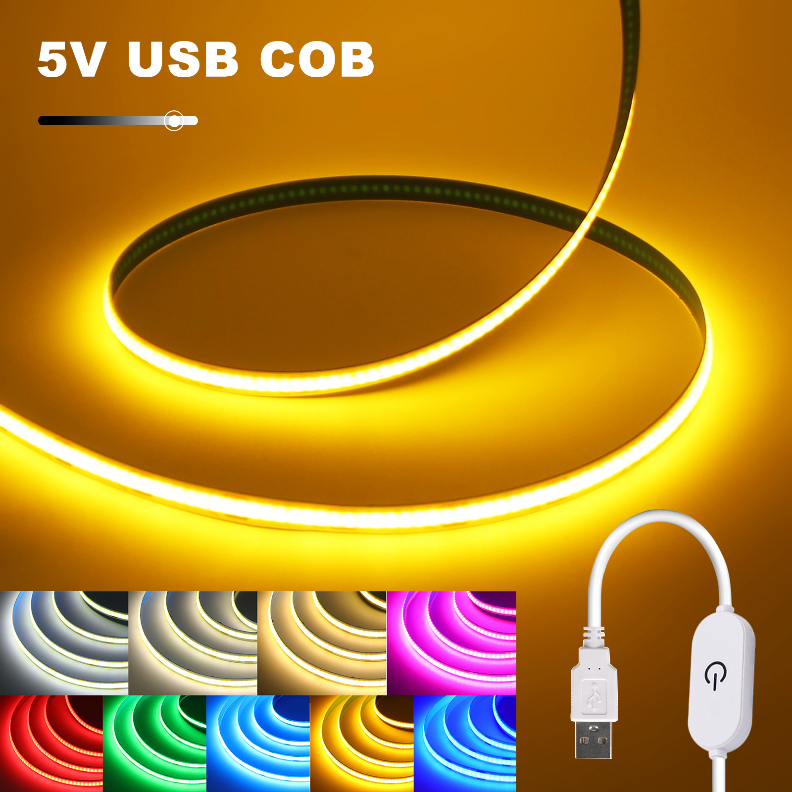 USB COB LED Strip Touch Switch Dimmable Lamp 5V 320LEDs/m Flexible Tape White Red Green Blue Pink Yellow for Room TV Backlight
