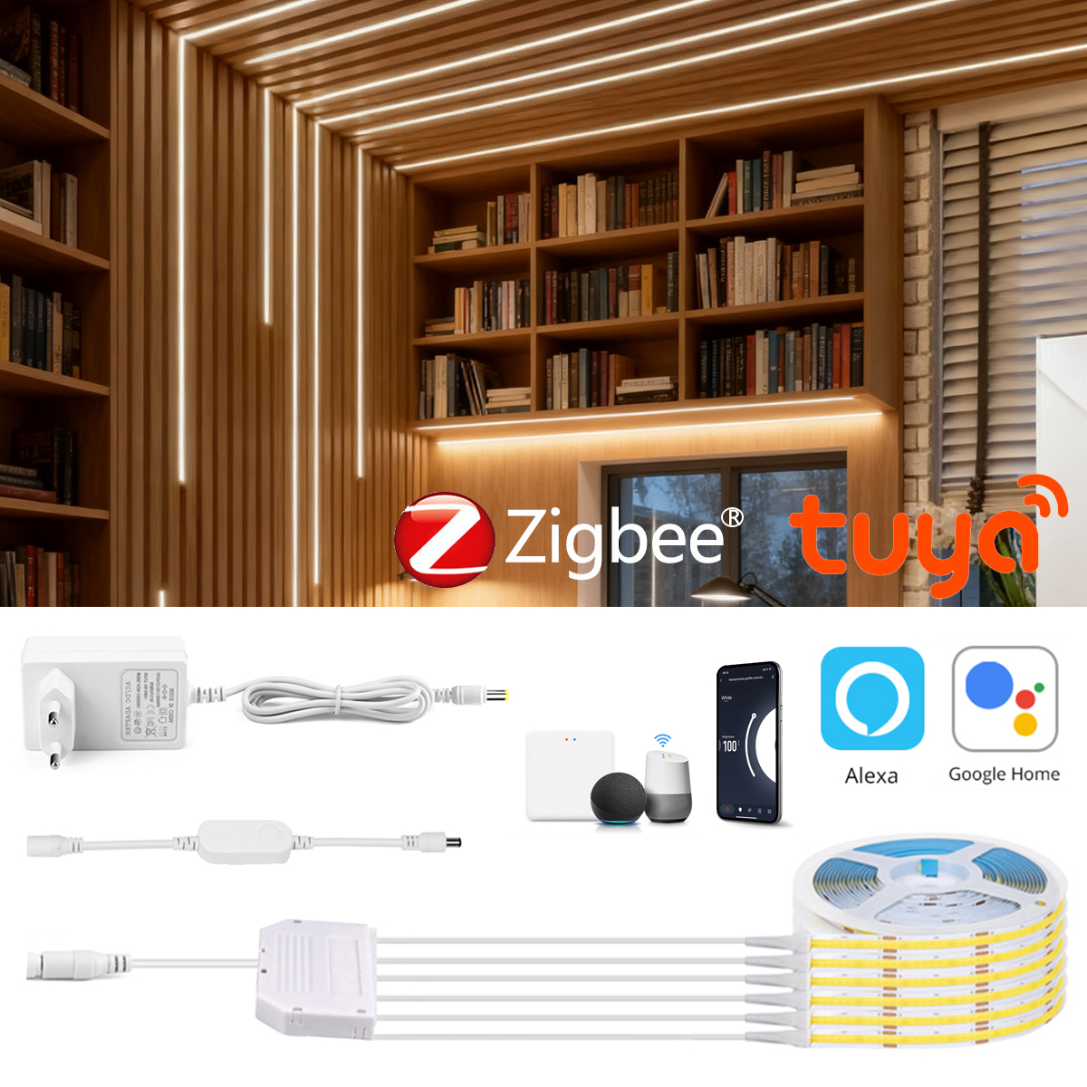 Tuya Smart Life APP Control Zigbee COB LED Strip 24V Dimmable Neon Light 280LEDs Linear Light for Wall Kitchen Cabinet Decor