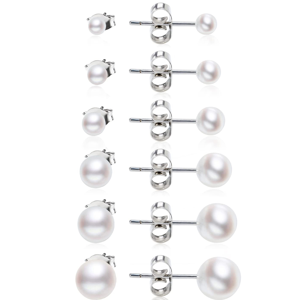 1 Pair Hypoallergenic Stainless Steel Tiny Small and Big Ball Pearl Stud Earrings Set for Women Girls 3-8MM