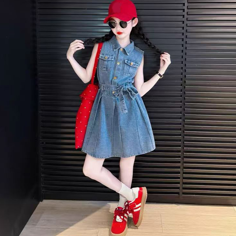 2-10 Years Old Summer Girls Denim Dress Fashion Sleeveless Lapel Collar Princess Dress For Kids Children Custom Dresses