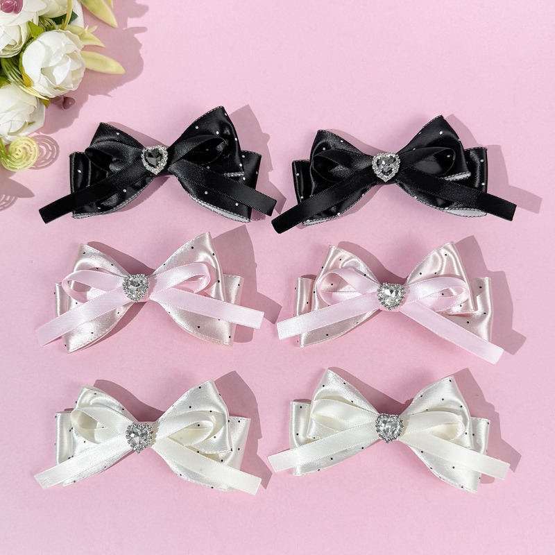 Women's Sparkle Rhinestone Satin Bow Hair Clips - Fashion Dot Hair Accessories for Daily/Party/Lolita Outfits (Black/Pink/White)