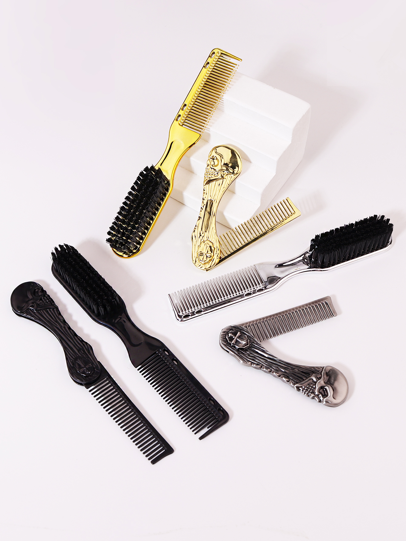 2pcs hair and beard styling brush retro skull pattern portable folding comb double headed hair comb For Hair Accessories