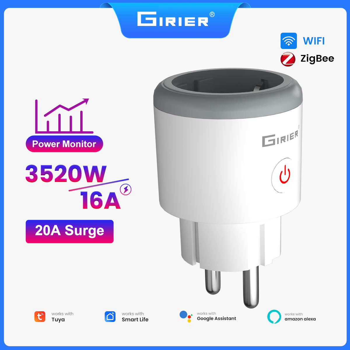 GIRIER Tuya ZigBee 3.0 Power Plug 16A Smart Wall Socket Outlet with Energy Metering Function 3520W Works with Alexa Hey
