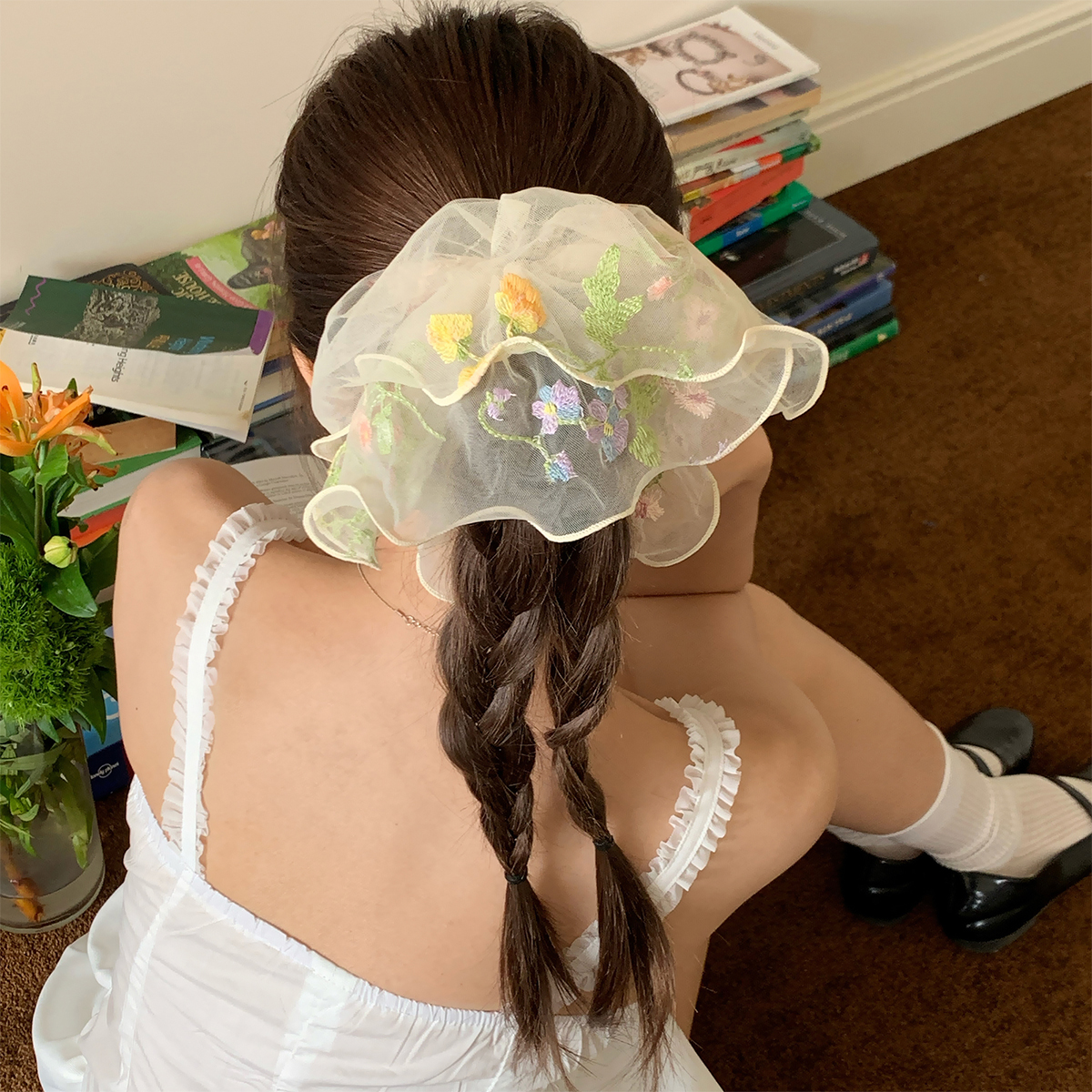1pc mesh embroidery flower large intestine hair ring, new super fairy pastoral style tie ponytail and bun hairstyle head flower