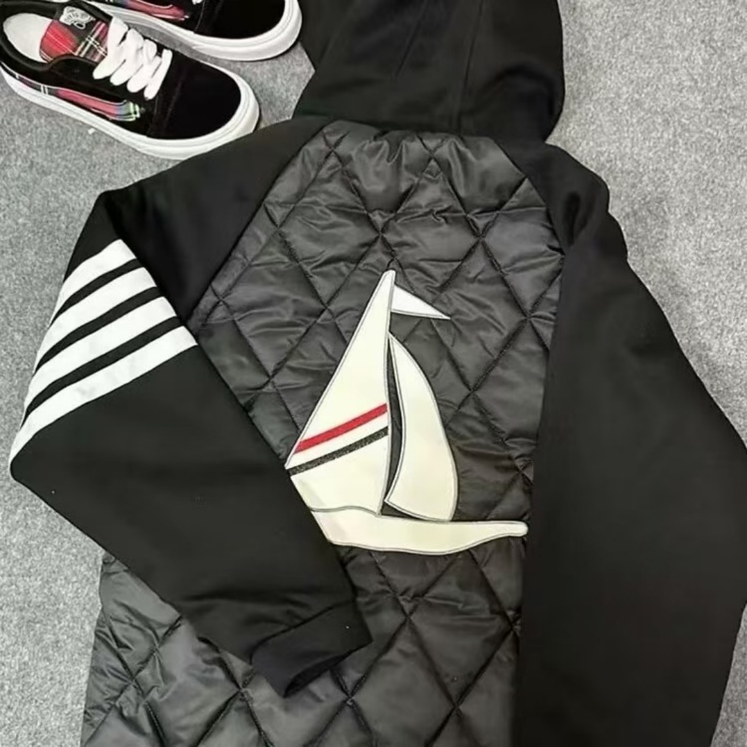 Men's American Vintage Winter Sail Embroidered Hooded Jacket, High Street Four-Stripes Casual Thickened Cotton Sweatshirt Loose
