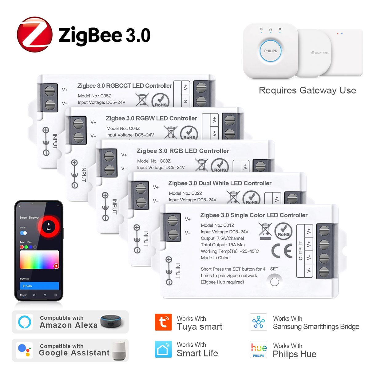Zigbee 3.0 RGB CCT RGBW Controller LED Strip Light Dimmable Voice Control Work With Tuya Alexa Home