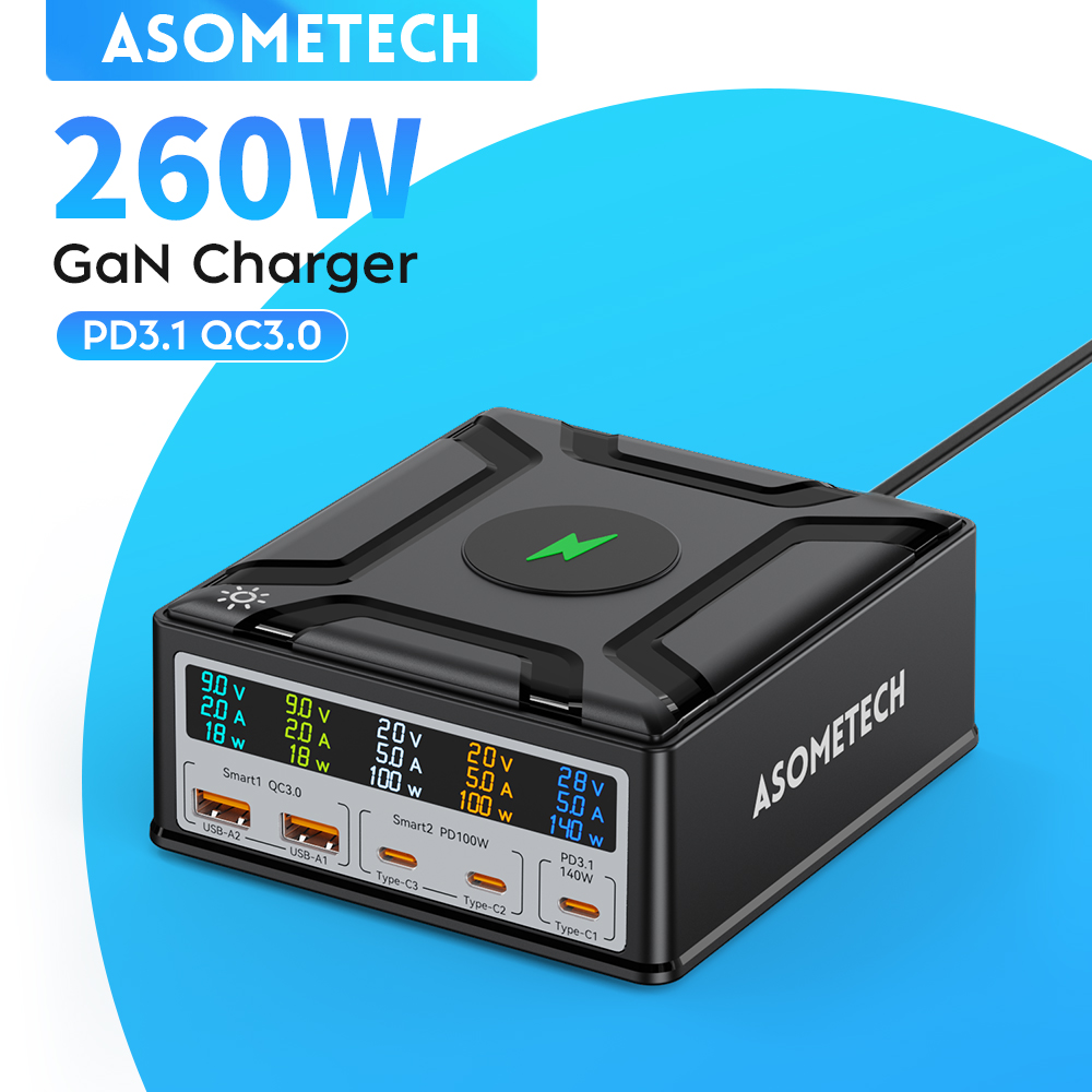260W GaN USB C Charger PD3.1 140W USB Type C Fast Charger For Mackook Pro Tablet iPhone 14 Wireless Charger
