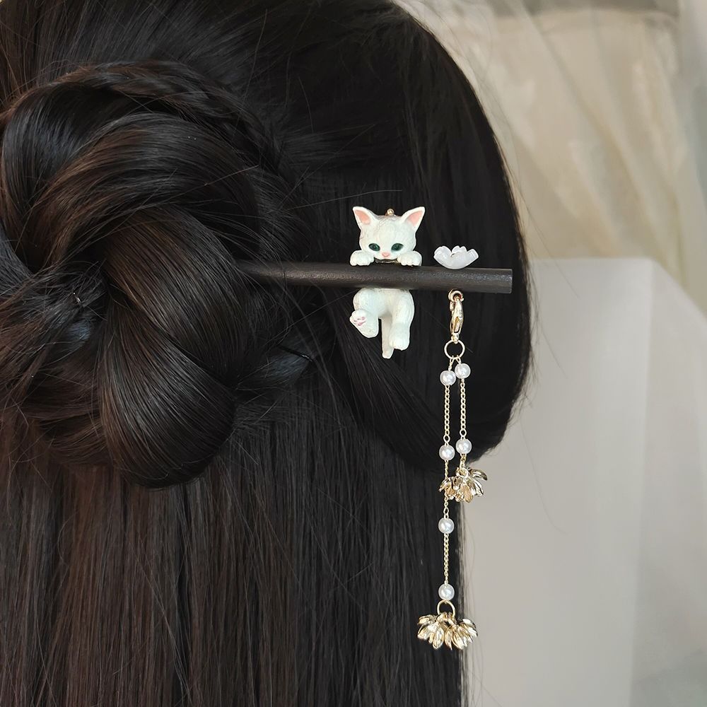 Chinese Style Black Ebony Wooden Hair Sticks Women High Quality Cute Cat Pendant Vintage Hairpin Hanfu Cheongsam Headwear