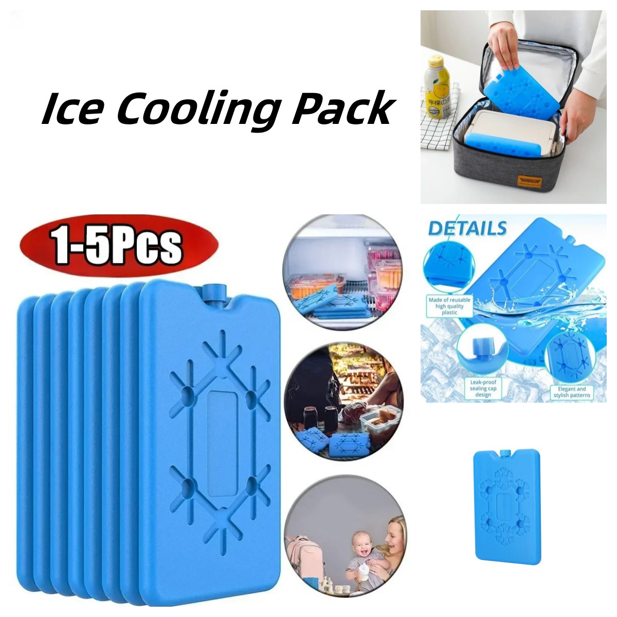 5/4/3/2/1pcs Portable Ice Pack Reusable Freezer Cooling Pack Long-lasting Water Fill Box FOR Fresh Food Storage Refrigeration