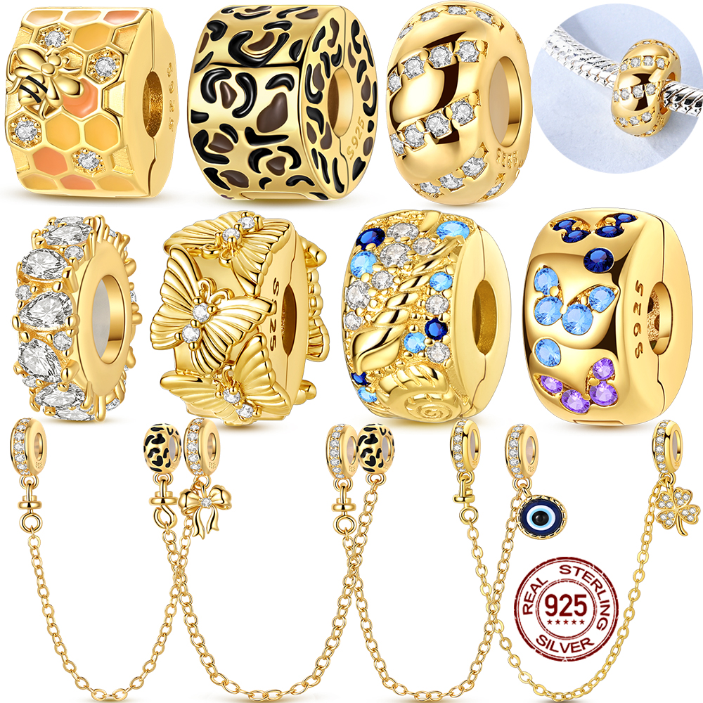 Gold Sparkling Zircon Butterfly Dangle Charm Bead Pendant Clip Safety Chain Fit Original 925 Sterling Silver Jewelry