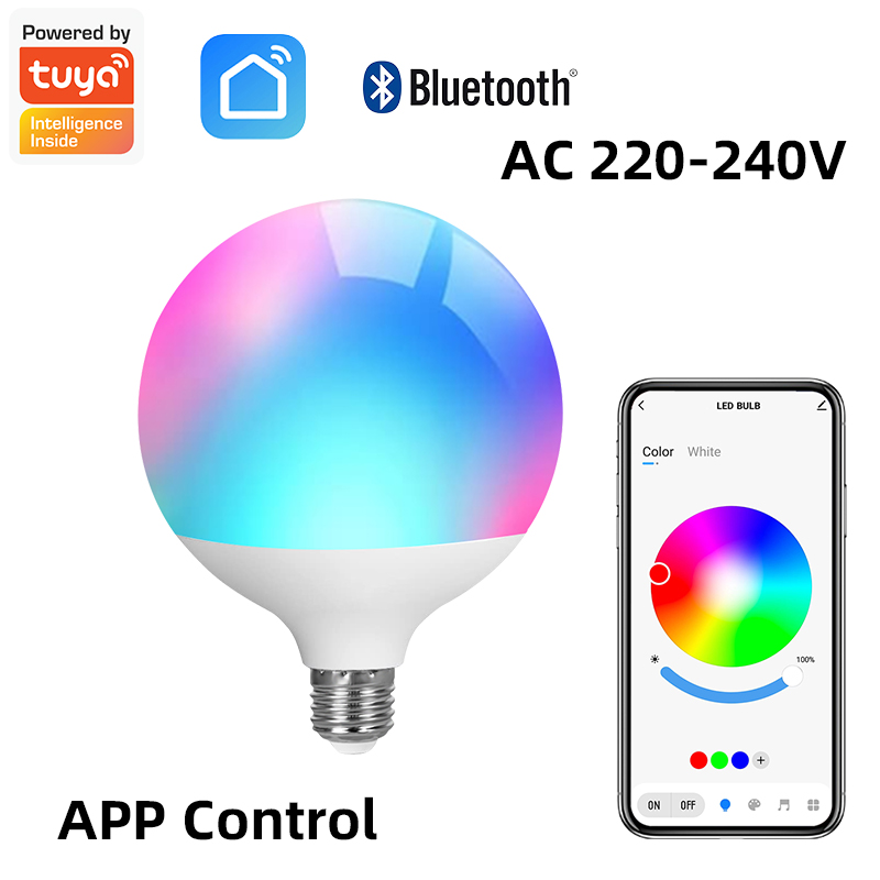 220V Tuya Bluetooth LED Bulb Dimmable 10W E27 Base Round Bulb G80 RGBCW Color Change Lamps Smart Life APP Group Control Timing