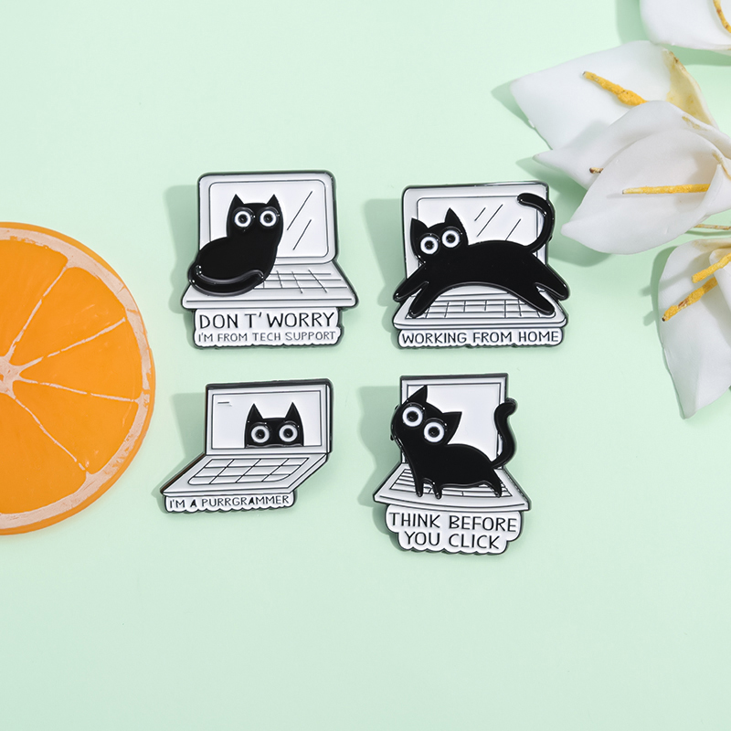 4pcs Personalized and Creative Little Black Cat Versatile Cartoon Pins and Cartoon Clothing Accessories on the Computer