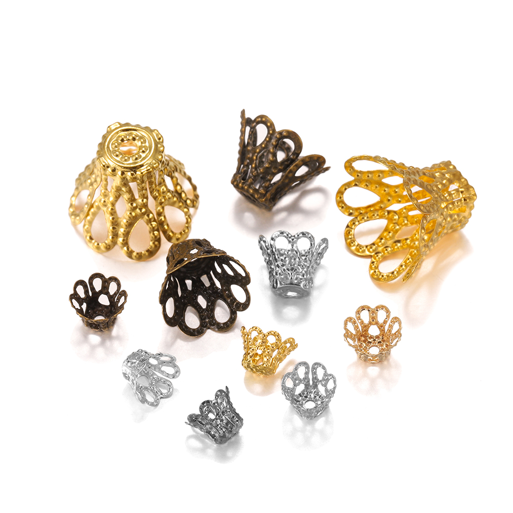 100pcs/lot Silve Gold Antique Bronze Metal Cup Hollow Flower Trumpet Bead End Caps For DIY Jewelry Making Finding Supplies