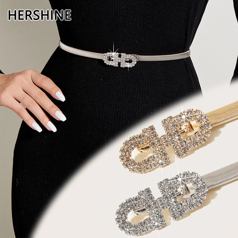 Hershine Women's Sparkling Rhinestone Buckle Decorated Metal Spring Belt, an Elegant and Dress Accessory, Spring, Summer