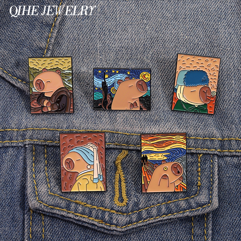 Cartoon Capybara Enamel Pins Creative Oil Painting Art Aesthetics Badge Cute Animal Brooch Clothes Lapel Pin Jewelry Accessories