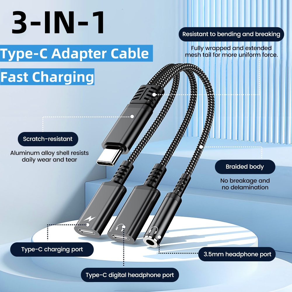 3 IN1 USB C Audio Adapter Cable 60W Fast Charging Type C to 3.5mm Jack Aux Cable Headphones Connector for Laptop Macbook