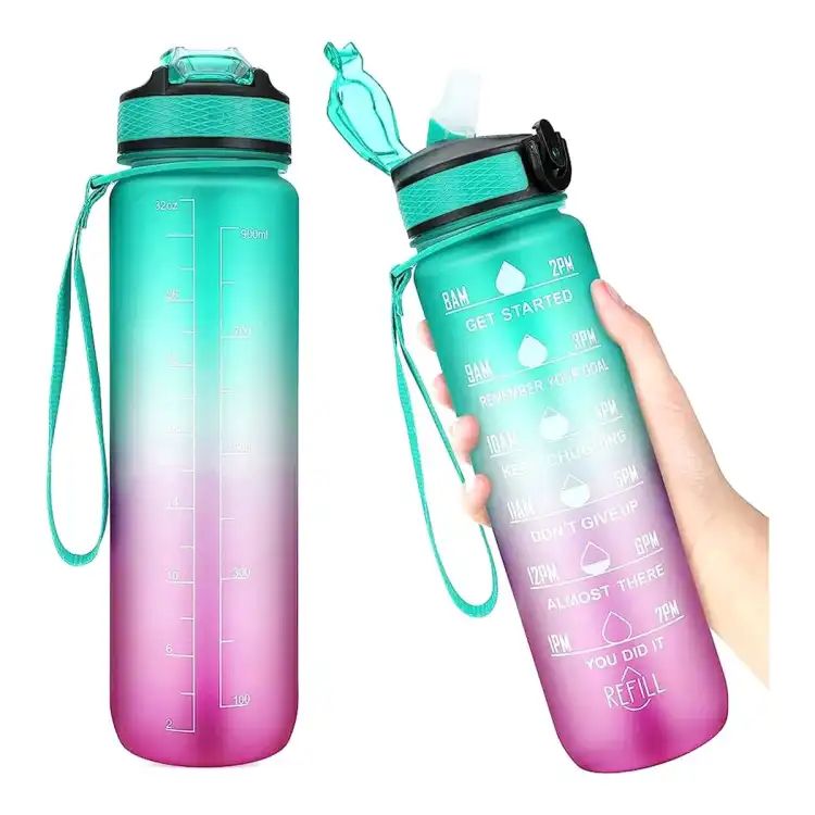 Sports Water Bottle with Straw 1 Litre Leakproof 1000ml with Filter Time Marking BPA Free Tritan Plastic Kids Men Women Cycling Gym Hiking Running
