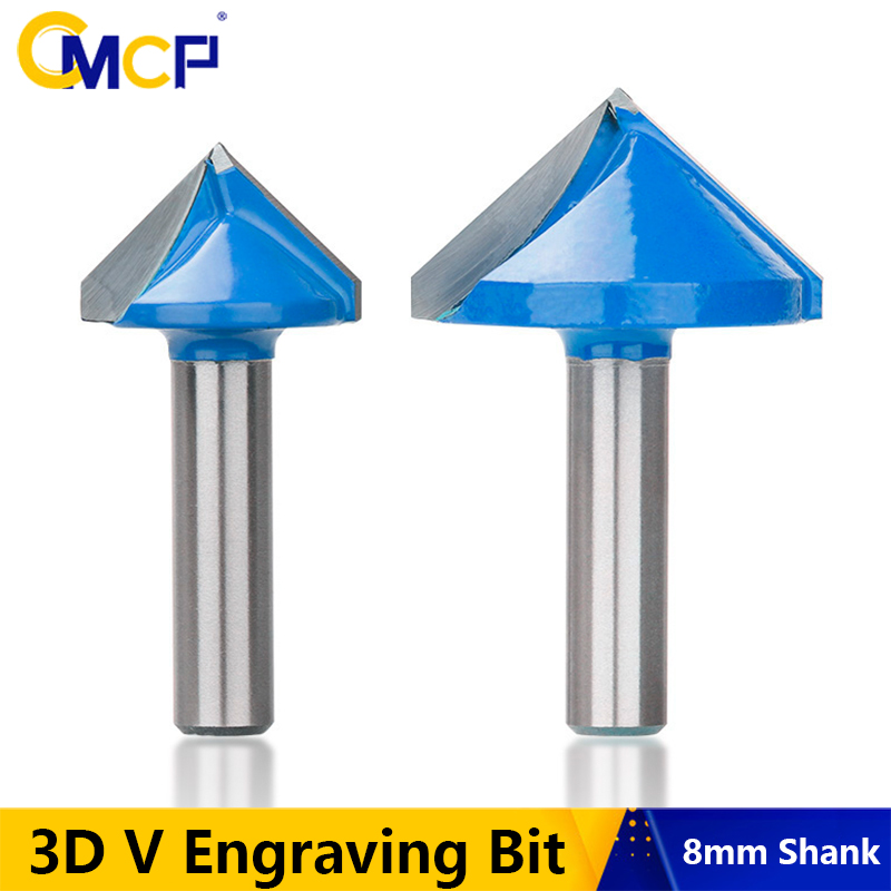 CMCP 1pc V Shape 3D Engraving Bit 8mm Shank 90 Degree V Groove Carbide Milling Cutter CNC Engraving Router Bit for Wood