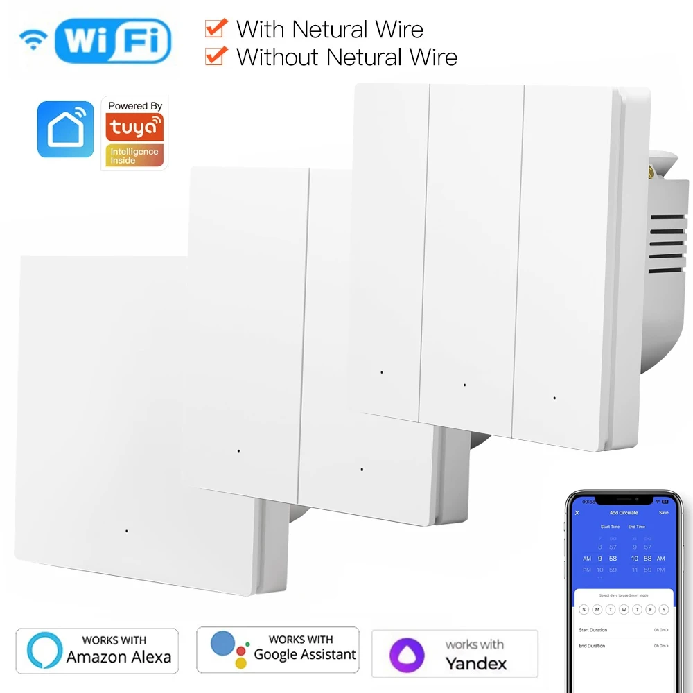 Tuya Smart Switch, Wi-Fi, Push Button Wall Switch, EU Standard, Zero Line Supported/Not Supported, Compatible with Alexa
