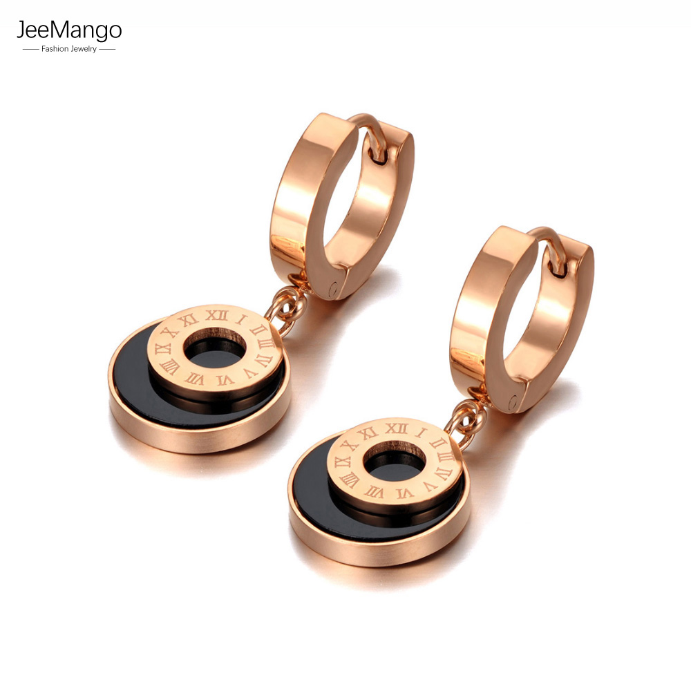 JeeMango Vintage Stainless Steel Roman Numerals Disc Hoop Earrings For Women Girls Trendy Shell Acrylic Earrings Jewelry JE21078