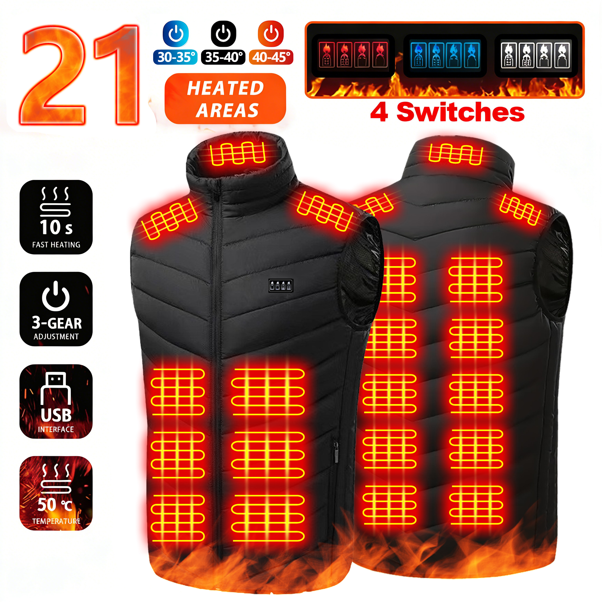 Winter Intelligent Heated Vest, fast heating, 21 heating zones, 3 temperature settings, 4-zone control, USB port. Suitable for w