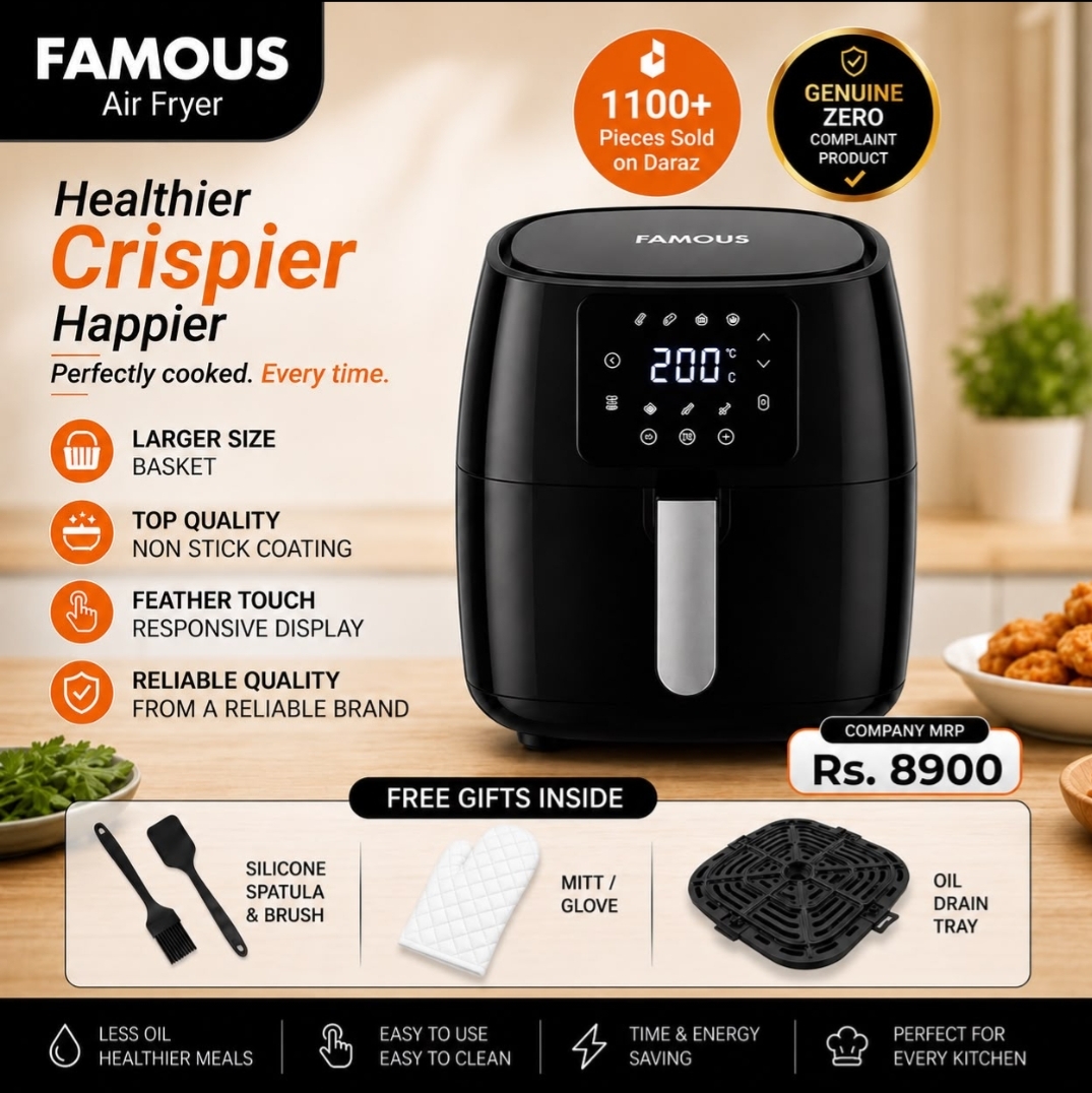 Famous Digital Air Fryer 5 Ltrs Top Rated Large Size Basket With Free Spatula, Brush and Glove