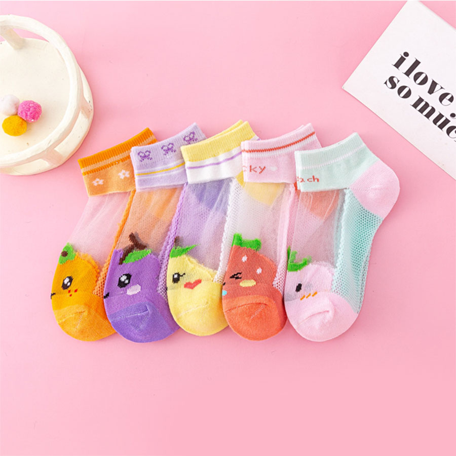 5 Pairs of Children's Socks with Fruit Patterns, Bowknots, Mesh, Breathable Glass Silk, Summer Girls' Versatile Mid-Calf Socks, Suitable for Daily Life