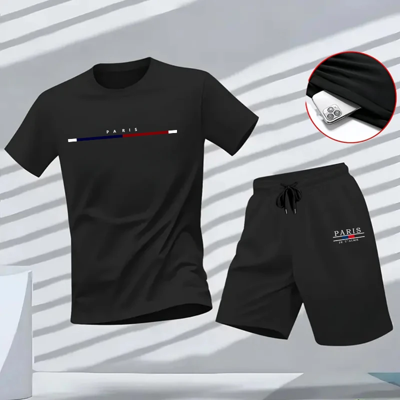 2026 Men's Tracksuit Paris Print T-shirt and Quick-dry Shorts Spring Summer Male Daily Casual Sporty Jogging Suit