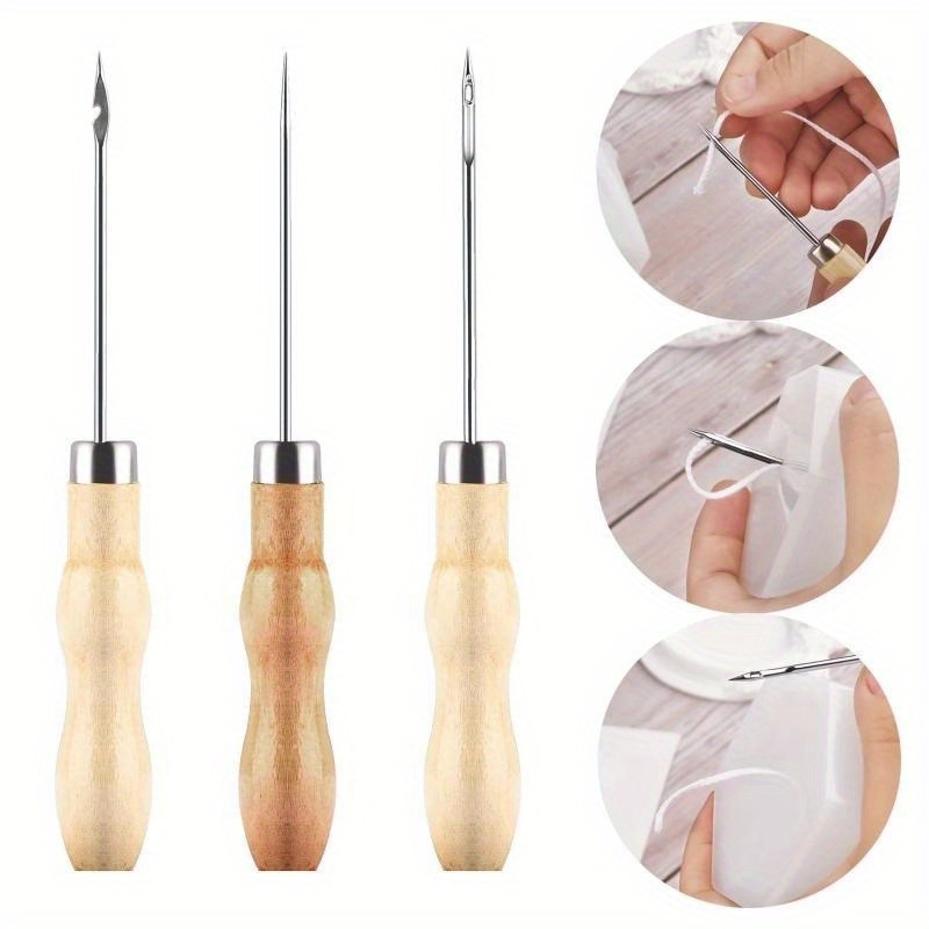 1 Pcs Handmade Wooden Handle Straight Head Elbow Middle Hole Awl Shoe Repair Awl, Leather Punching Awl