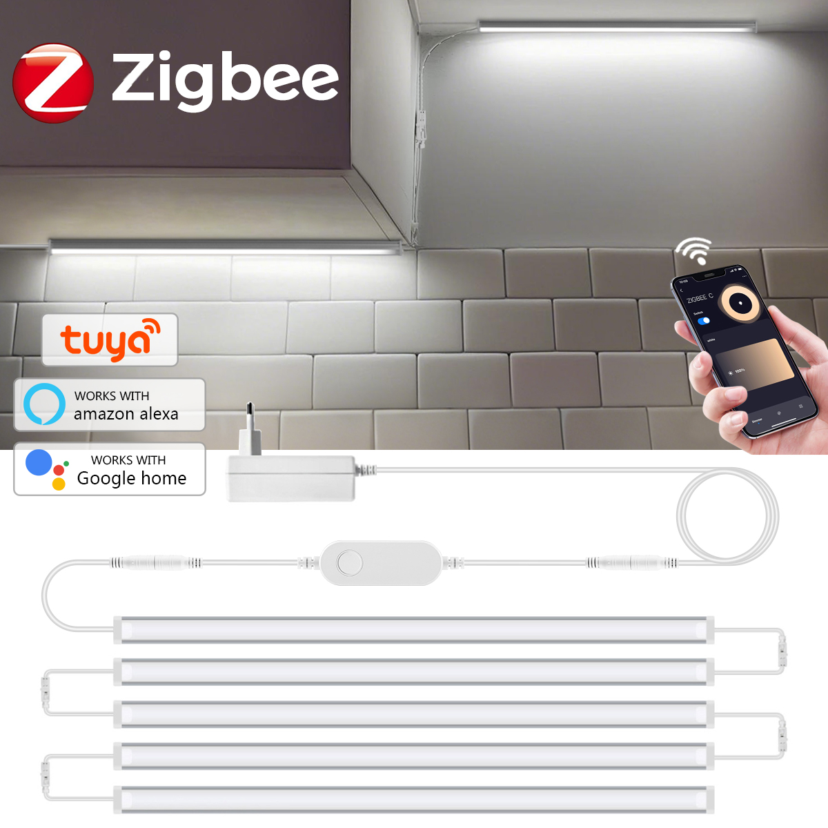 Tuya Zigbee LED Cabinet Light Bar Kit-WiFi Dimmable Aluminium Tube for Kitchen Closet Voice Control Compatible with Alexa