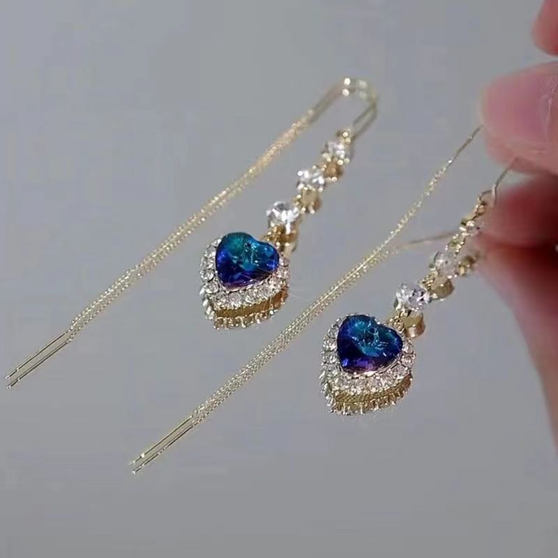 New Blue Heart Shaped Zircon Earrings For Women Light Luxury Long Tassel Ear Wire Dangle Earring Ladies Wedding Party Jewelry