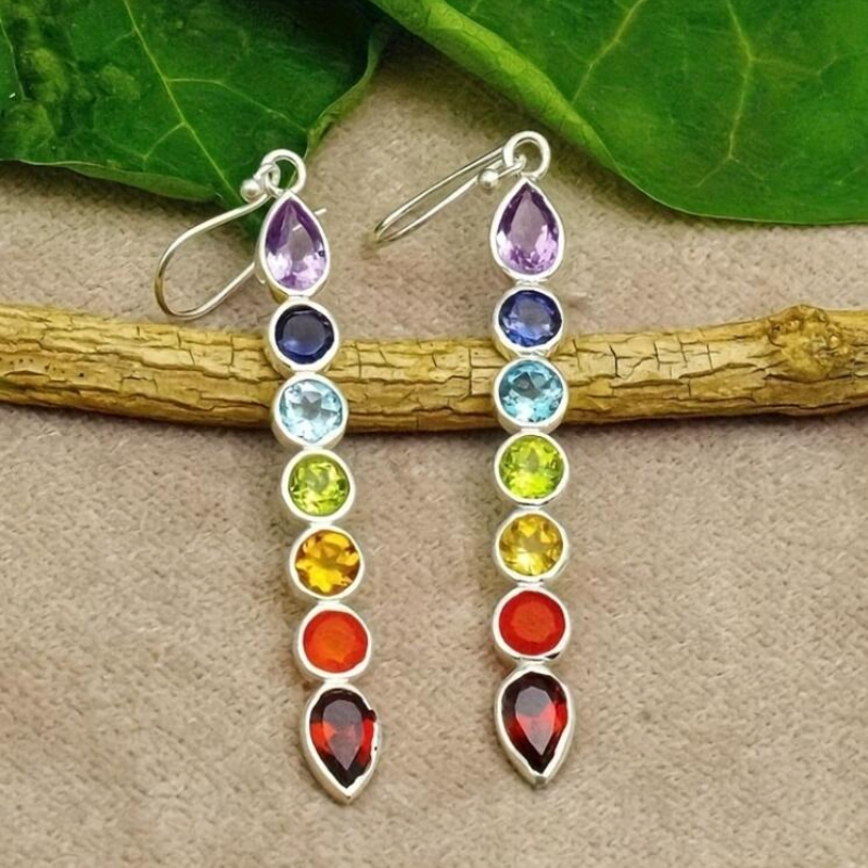 Personalized Creative Rainbow Color Inlaid Zircon Long Pendant Earrings, Women's Retro Ethnic Style Holiday Accessories s pen gpt