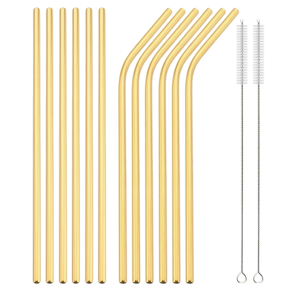 Eco-friendly Gold Reusable Metal Straws Set with Cleaner Brush Stainless Steel Drinking Straw Milk Drinkware Bar Party Accessory