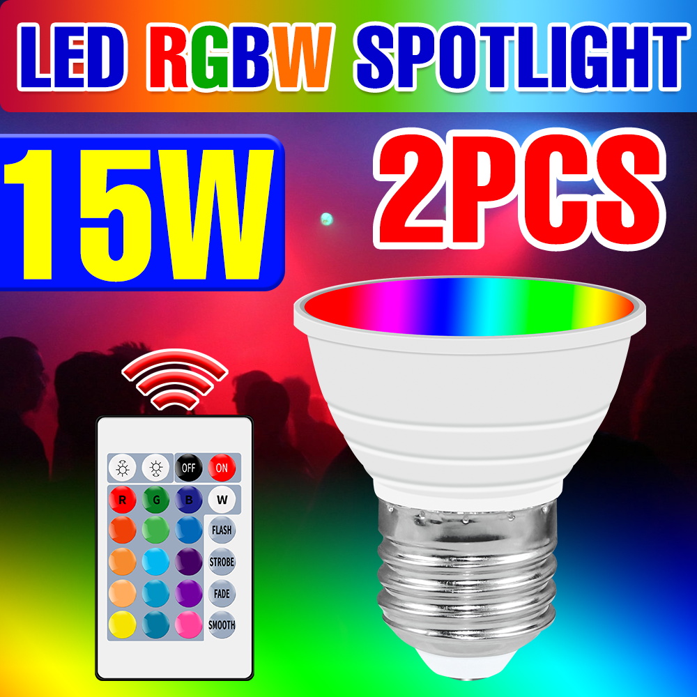 2pcs 15W RGB LED Light Bulb E27/E26 IR Remote Control Dimmable light GU10 Ceiling Lamp E14 Colorfu Night MR16 Home Party Carniva