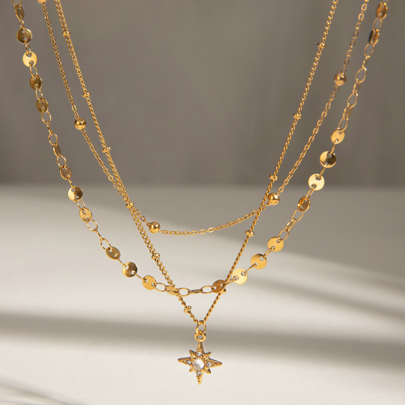 European American Style Stainless Steel Three Layer Necklace Rhinestone Four Pointed Star Pendant Simple Luxury Titanium Piece