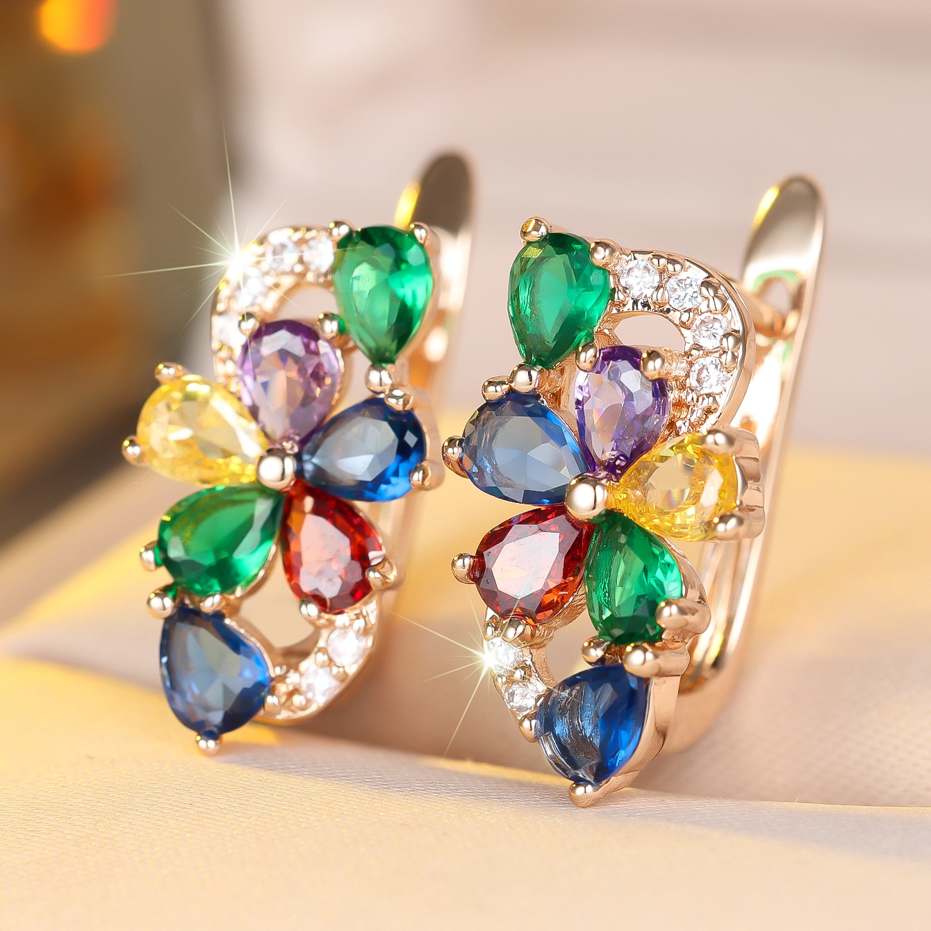Rainbow Crystal Zircon Stone Star Flower Hoop Earrings For Women Vintage Gold Silver Color Wedding Jewelry