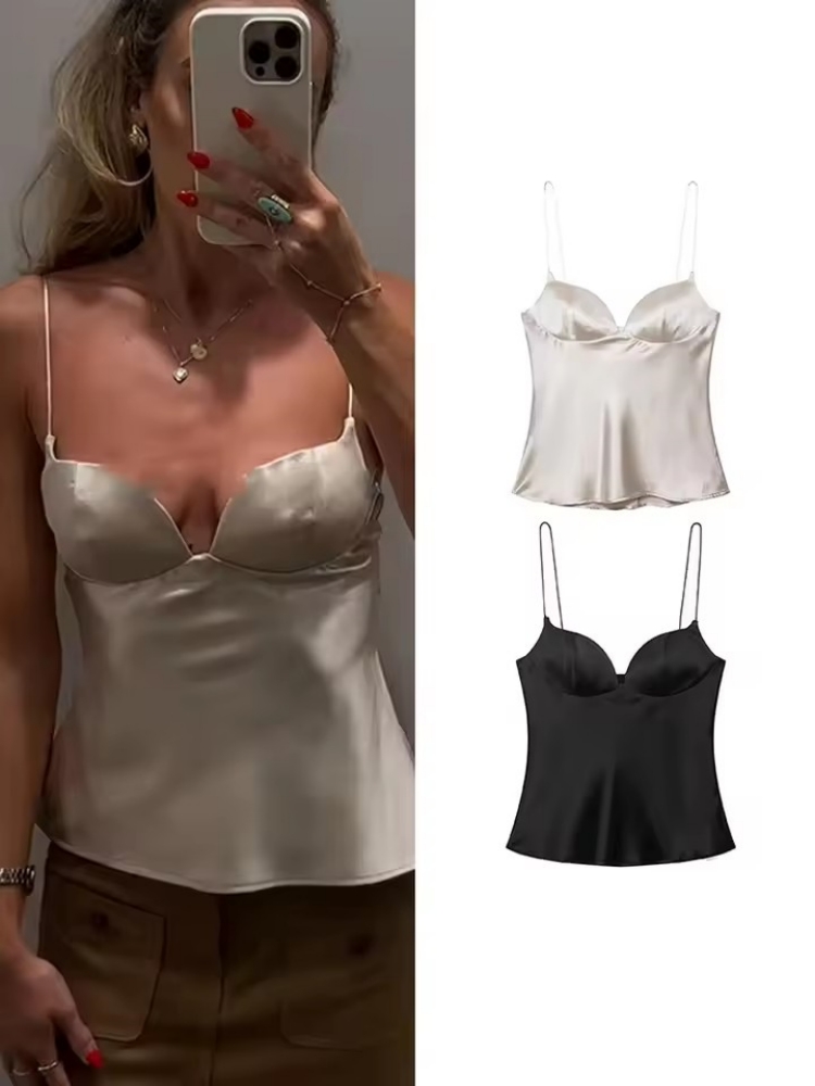 2026 New Summer Satin Textured Black Sling Tops Women Elegant V-neck Backless Tops Shirt Women Tops Club Party Tanks