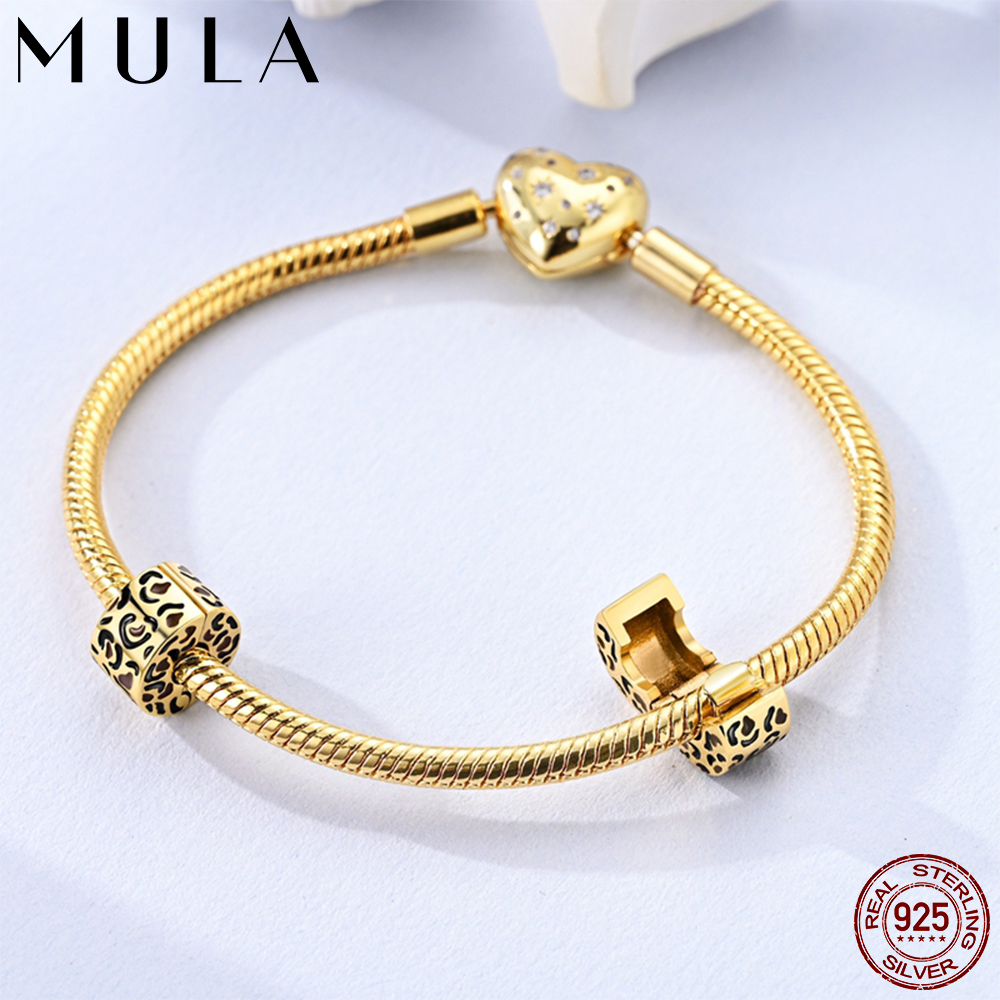 Mula 1Pc New 925 Silver Golden Leopard Print Fixed Clip Fit Original Snake Chain Charm Bracelet DIY Making Gift