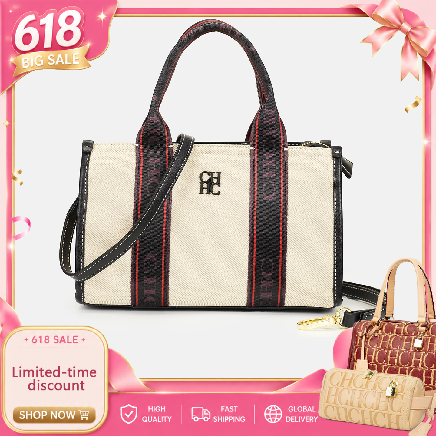 CH Simple Style Square Handbag Fashion Large Capacity 2026 Autumn/Winter New Women's Canvas Shoulder Bag