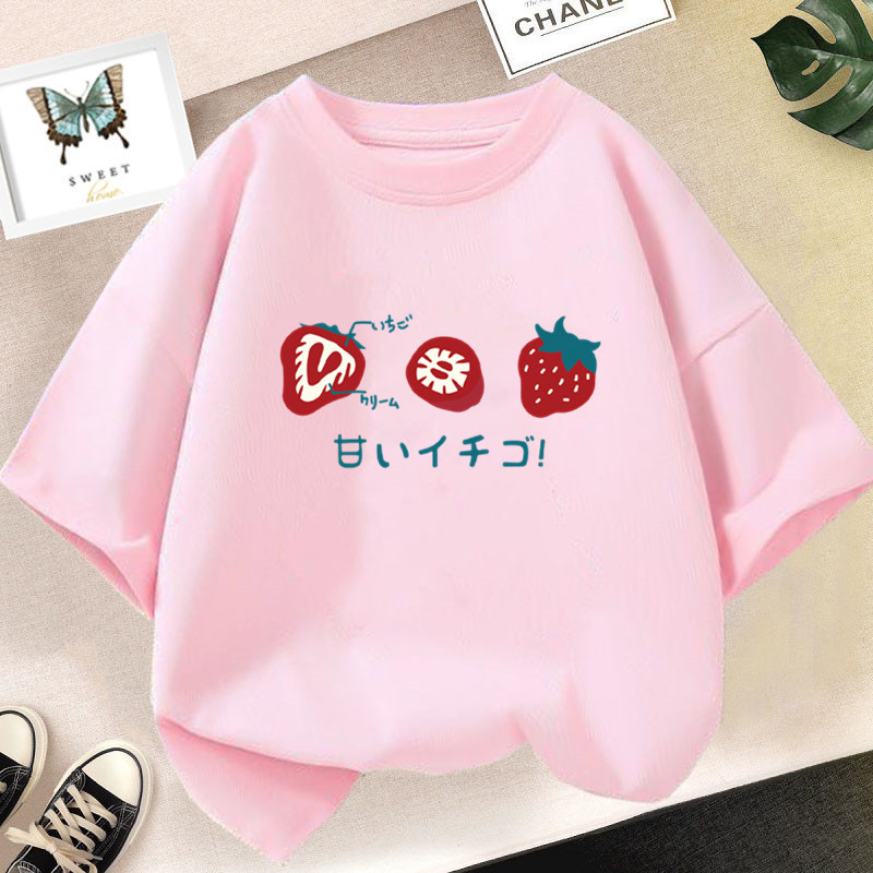 Kids Strawberry Printed Short-Sleeved T-Shirt Summer Loose Korean Style Vintage Fruit Top for Children
