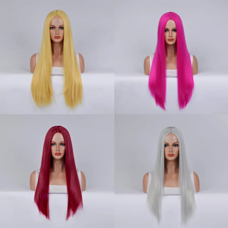 Synthetic Pink Long Straight Wig Middle Part Silky Soft Fashion Cosplay Party Costume Lolita Heat Resistant Daily Use