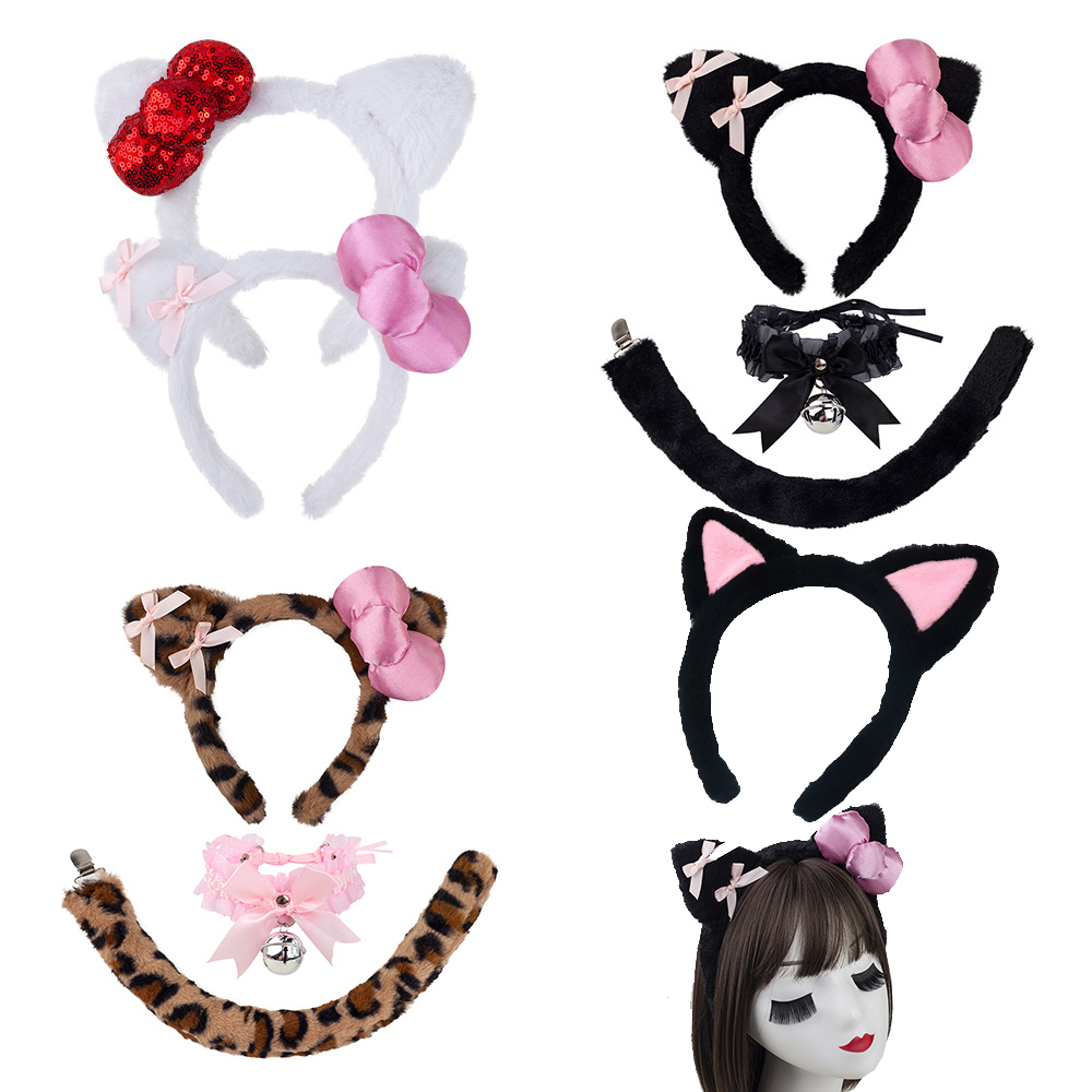 Leopard Bow Kitten Ear Headband Cosplay White Cat New Year Party Costumes Props Choker Tail Kawaii Plush Cartoon Animal Set