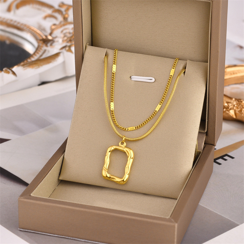 Gold Color 316L Stainless Steel Titanium Square Geometry Pendant Multilayer Chain Necklace for Women Wedding Accessories pen gpt