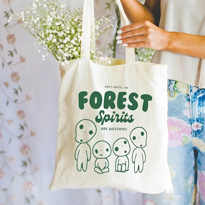 Kodama Forest Pattern Spirit Tote Bag, Kawaii Birthday Bag, Vintage Anime Canvas Shoulder Bag